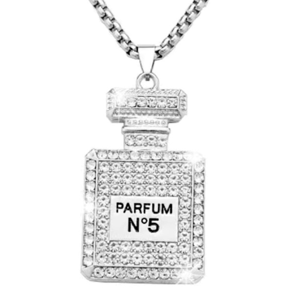 PERFUME BOTTLE SILVER TONE AND RHINESTONE PARFUM NO. 5 NECKLACE - Picture 4 of 6